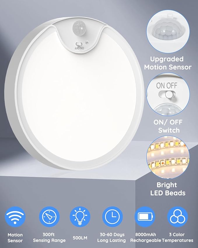 TOOWELL Rechargeable Motion Sensor Ceiling Light: Battery Operated Shower Light Waterproof, Wireless Closet Lights Indoor, Motion Sensor Lights for Closet Shower Bathroom Porch 500LM, 2 Pack