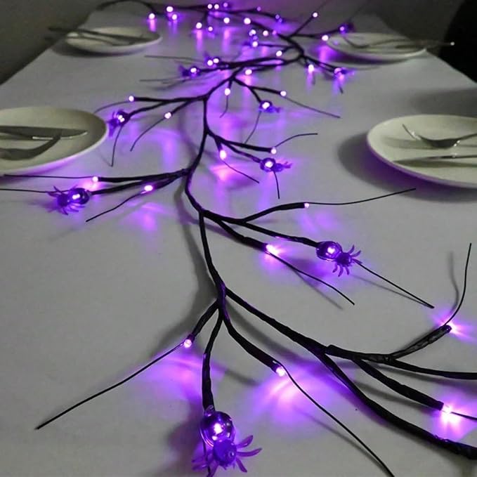 6FT Halloween Spider LED Willow Branch Lights, Artificial Willow Vine Light with 8 Lighting Modes, 18 Purple Spider Battery Operated for Mantle Wall Fireplace Decorations