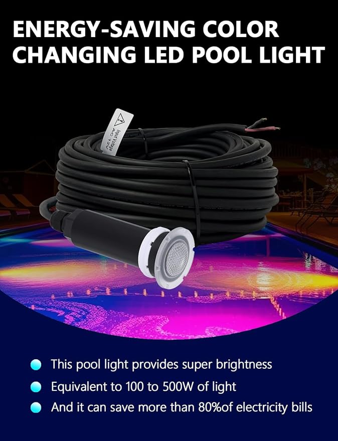 Direct Replacement for Pentair Globrite Color Led Pool Light - 1.5 Inch 12VAC RGB 100ft Cord Changing Swimming for Inground Pools/Spa