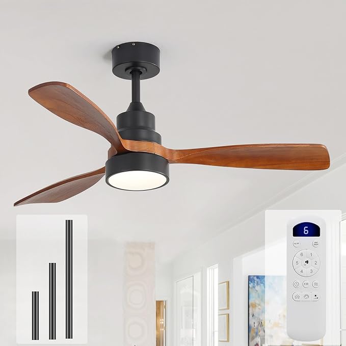 Sofucor 48 Inch Ceiling Fans with Lights and Remote Control-Modern Flush Mount & Downrod Mount Ceiling Fan for Bedroom Living Room Indoor Outdoor Farmhouse Patio, Timer Quiet DC Motor, Black&Walnut