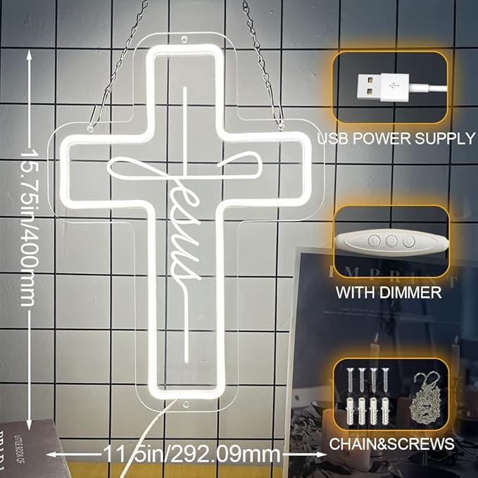 Jesus Cross Neon Sign Dimmable Led Neon Light Cross Art Decor Neon Cross Sign for Wall Decor, Bedroom, Christian Decor, Religious Room, Kid Room, Easter, Christening Day Decor