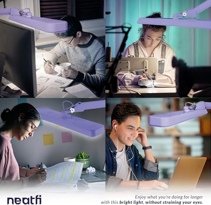 Neatfi Task Lamp – 2,500 Lumens, 30W, 22-Inch Wide Shade, 4 Brightness Levels, Eye-Caring Light, Clamp Mount, LED Task Light for Manicure Table, Crafts, Workbench, Office (Non-CCT, Lavender)