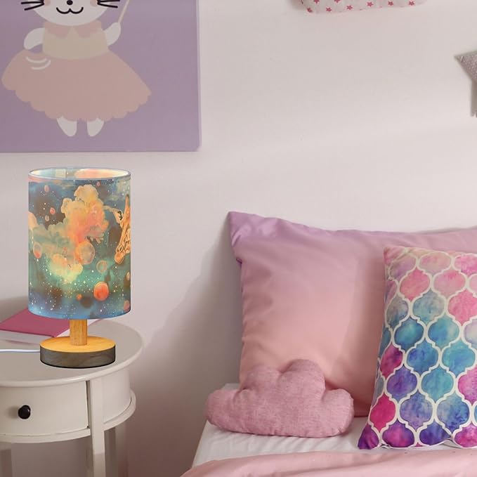 Fustylead Fantasy Giraffe Clouds Blue Table Lamp for Bedroom USB Port Lamps Small Accent Table Lamp Nightstand Lamp Sturdy Linen Shade Wooden Base Decorative Lamps for Bedside Reading|Kids|Dorm|Home
