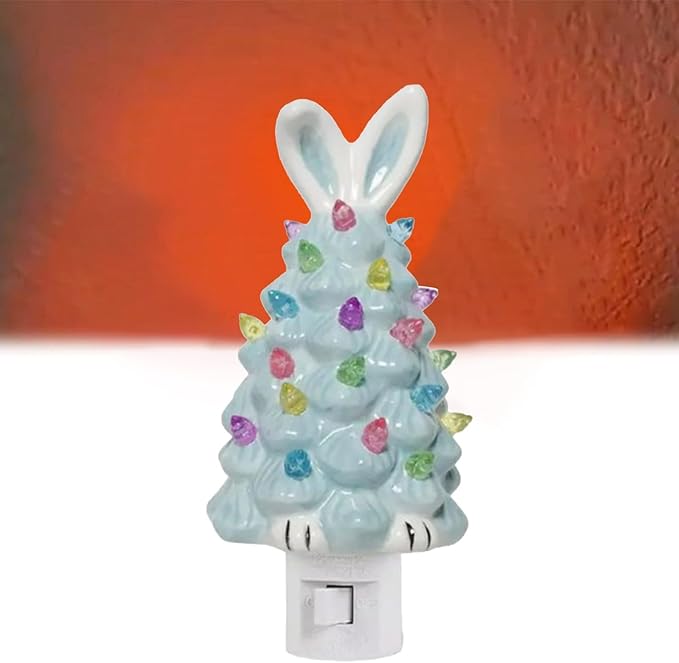 Easter Bunny Tree,Bunny lamp,Glowing Bunny Imitation Ceramic Tree,Resin Bunny Figurine with Colorful Lamp,Light Up Tree with Rabbit Ears,Easter Night Light for Home Decorations (E)