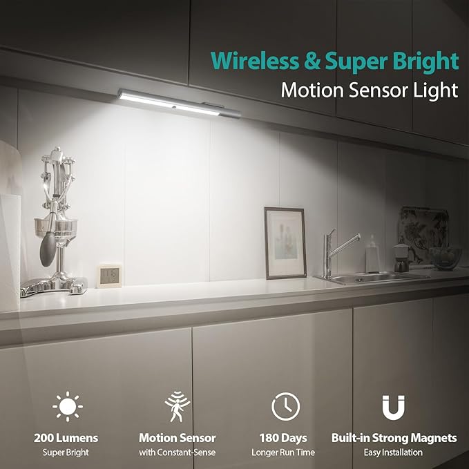 BLS LED Closet Light, T401 Super Bright Wireless Under Cabinet Lighting | Motion Sensor Light | Large 4500mAh Rechargeable Battery Powered | 6000K White Glow | 180 Days Battery Time