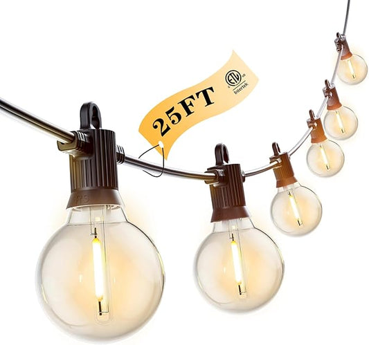 Kawaya Outdoor String Lights 25 FT LED Patio Light with 12+1 Shatterproof Edison Globe Bulbs - IP65 Waterproof Dimmable Hanging Lights - 2700K Warm White Lighting for Outside Yard Porch Deck Bistro