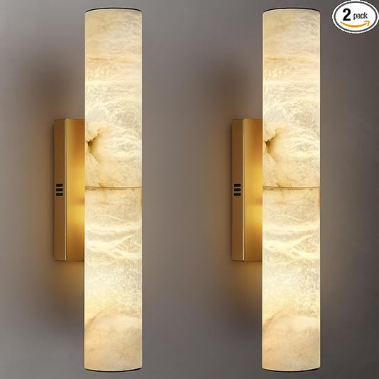 Gold Alabaster Wall Sconces Set of 2, Spanish Natural Marble Wall Sconce, 20" Brass Wall Sconce for Bathroom, Indoor Stone Wall Sconces Dimmable, Alabaster Wall Light for Living Room, Bedroom, Hallway
