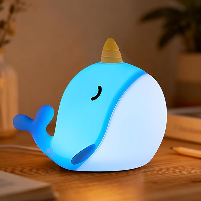 Narwhal Night Light, USB-C Rechargeable Tap Control Lamp with 3-Level Dimming & 30-Min Auto Timer, 7-Color Changing Squishy Silicone Nursery Light, Birthday Gift for Kids
