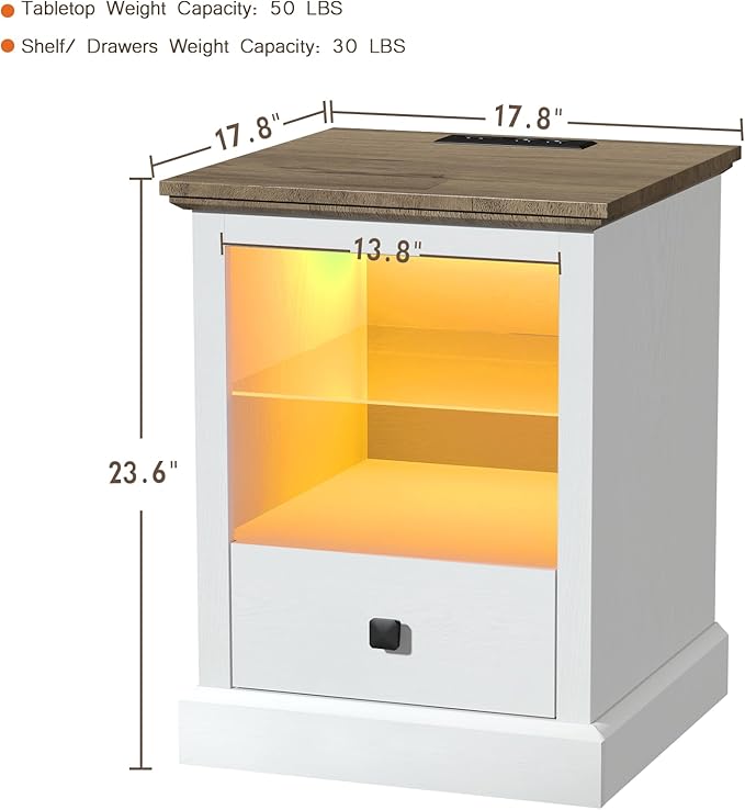 Rresyet LED End Table with Charging Station, White Nightstand with Drawer and Storage, Adjustable Shelf, Wooden Bedside Table for Bedroom & Living Room