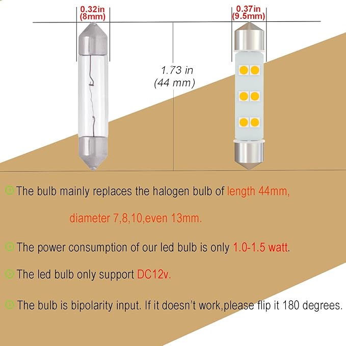 360 deg DC 12V 44mm Festoon LED Bulb 578 LED Car Bulb Warm White 211-2 212-2 for Camper RV Automotive Interior Dome Reading Map Cargo Lights (Pack 6)