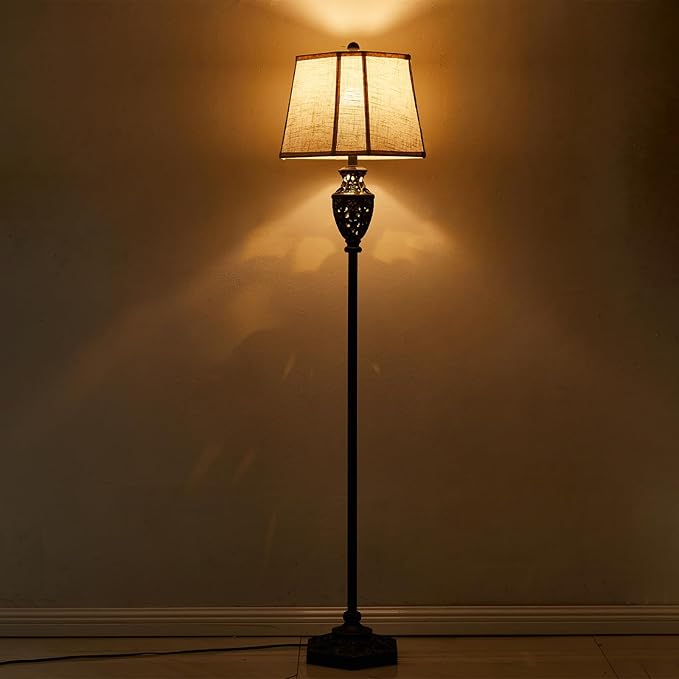 Luvkczc Vintage Black Floor Lamp - Hand-Painted Gold Resin with 6-Sided Carved Hollow Nightlight, Traditional Standing Lamp for Living Room, Bedroom, Study (Bulb Included)