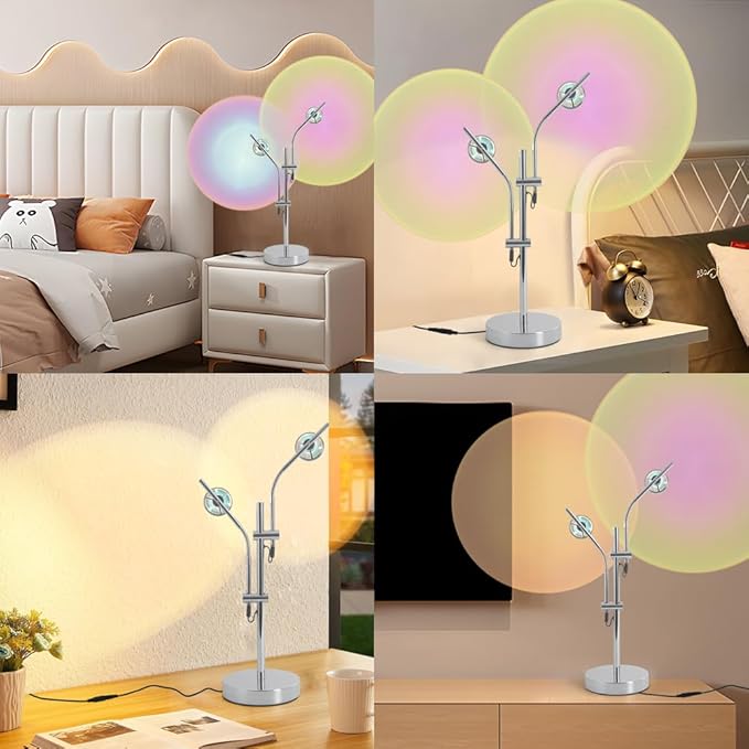 Sunset Lamp Projector, 2 Head 360° Rotation Aura Light LED Table Lamp, Mood Lighting for Bedroom, Dorm, Photography, Bar, Party