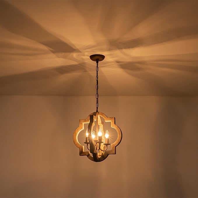 15.75" Oak Farmhouse Chandeliers for Dining Room Distressed Wood Pendant Light Fixture 4-Light Rustic Ceiling Hanging Light for Kitchen Island Bedroom Hallway Entryway Foyer E12*4