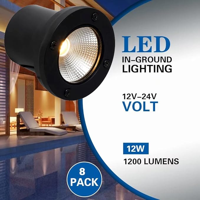 12W LED Well Light Outdoor,Low Voltage Landscape Lights with Connectors, 12V-24V AC/DC Black In-Ground Lights IP67 Waterproof Paver Lights for Garden Yard,Path,Fence (8Pack 12W)