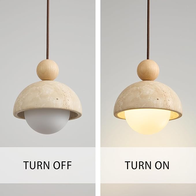 Wabi Sabi Travertine Pendant Light, 7.1 inch Natural Stone & Wood Hanging Lamp for Kitchen Island, Hallway, Bedroom, Dining Room Ceiling Decor (G9 Bulb, Stone Round, 1pcs)