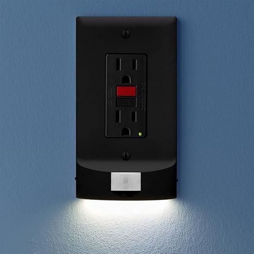 SnapPower 4 Pack MotionLight [for GFCI Outlets] - Motion Detecting LED Night Lights Built-in to Wall Plate - Bright/Dim/Off Options - Auto On/Off Sensor - (GFCI, Black)