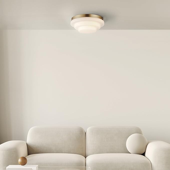 GLOBE Electric 66000081 2-Light Flush Mount Ceiling Light, Matte Brass Finish, Tiered White Milk Glass Shade, E12 Base, Dimmable