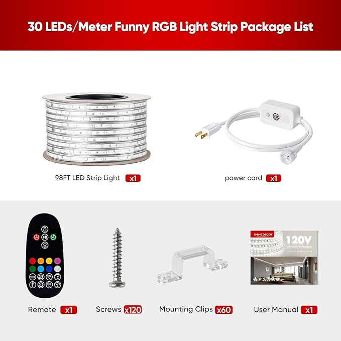 Shine Decor 120V RGB LED Strip Light Remote Control, Cold Resistant IP65 Waterproof Outdoor Strip Lighting Color Changing, Connectable Lite Multicolor Lighting Strip 7x13mm, 98 FT 900 LEDs ETL Listed
