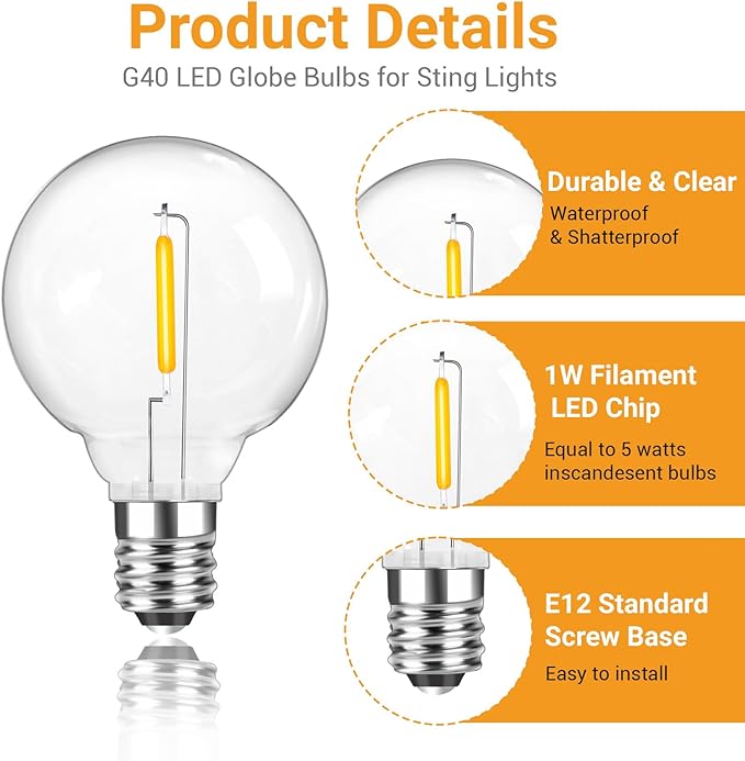 G40 LED Replacement Light Bulbs, 1W E12 Base Shatterproof Clear Globe Light Bulbs for Indoor Outdoor String Lights, Patio Porch Garden Decor, Warm White, 25 Pack