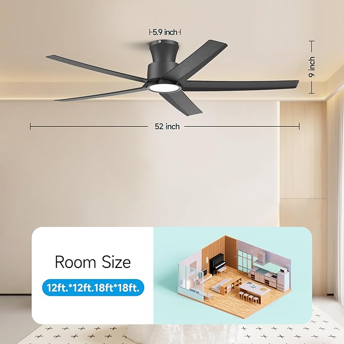 ocioc 52 inch Ceiling Fans with Lights, Large Air Volume Ceiling Fans with Reversible Quiet DC Motor and Remote（Black）