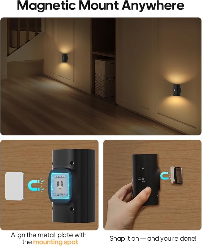 Rechargeable Night Light with Motion Sensor, 2200mah Battery Operated Warm White Motion Sensor Light Indoor, Magnetic Stick-on Light for Bathroom, Bedroom, Stairs, Hallway, 2-Pack