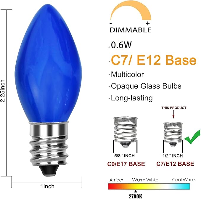 GOOTHY 25 Pack C7 LED Blue Christmas Replacement Light Bulbs, C7 Vintage Multicolor Shatterproof LED Bulbs for Christmas Outdoor Indoor String Lights, E12 Candelabra Base- Blue