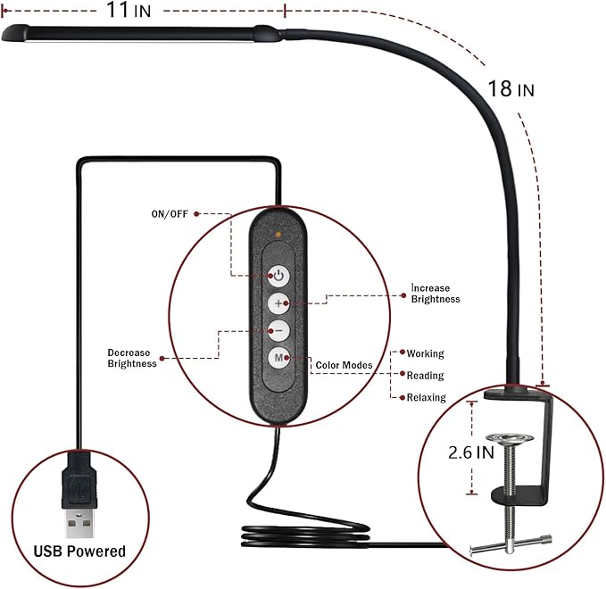 LED Desk Lamp with Clamp, Clamp Light with Adjustable Color Modes, Clip on Light with Long Flexible Gooseneck, Eye Care Lamp Clamp for Study, Work, Home, Office, Black, 12W
