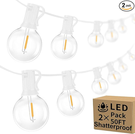 100ft Outdoor G40 LED Globe String Lights Dimmable Shatterproof Waterproof Light Strings with 52 Bulbs Connectable Commercial Hanging Lights for Patio Balcony Backyard Party (White Wire, 2-Pack)