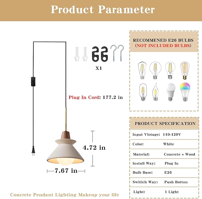 7.7" Plug in Concrete Pendant Light, Nordic Wabi Sabi Pendant Lamp with Wood Accent White Cement Pendant Light Minimalist Lamp for Living Room Bedside Kitchen Island Dining Room Apartment Dorm