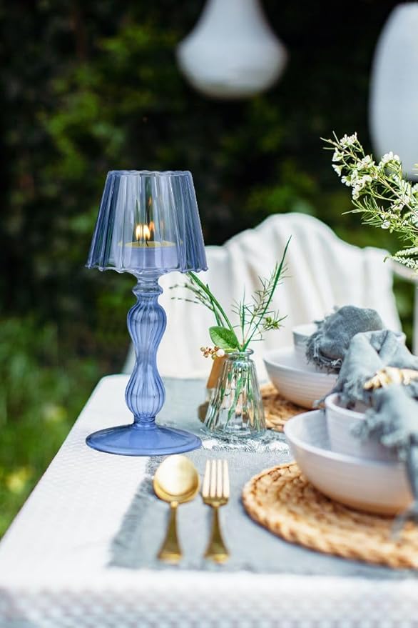 Desk Lamp Shaped Glass Candle Holder - Glass Hurricane Candleholder Crystal Decorative Candle Stand for Table Wedding Dinning Centerpieces Party Supplies Decor NavyBlue