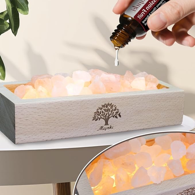 Himalayan Pink Salt Lamp Diffuser with Wood Base - 300g Natural Salt, USB Powered, Warm Light & 10ml Passion Fruit Essential Oil Set for Aromatherapy, Relaxation, Meditation, Home Decor, Gifts