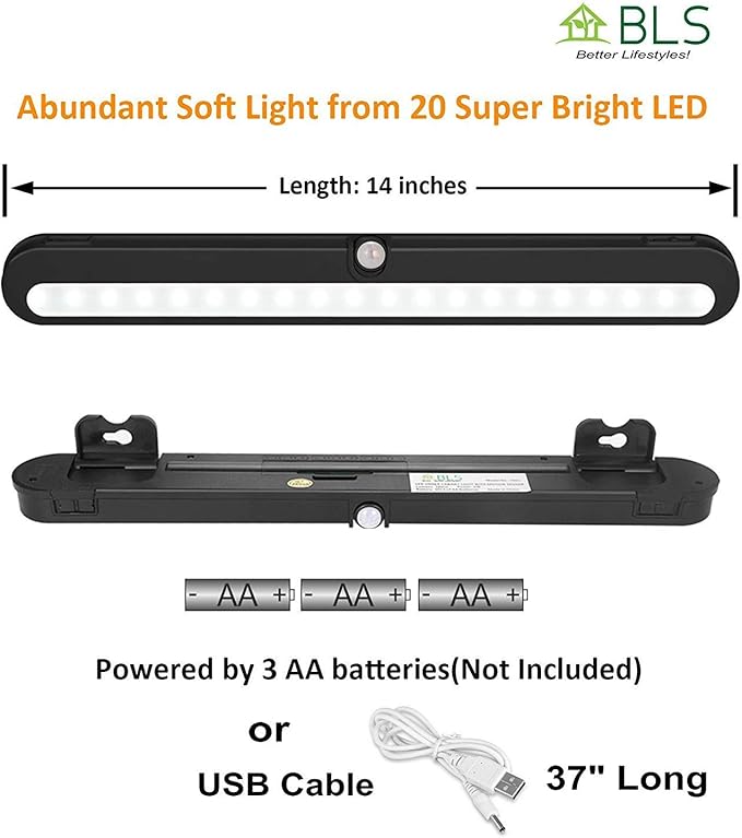 BLS T01LB LED Closet Light Super Bright 20 LED Under Cabinet Lighting Battery Powered/DC Input Wireless Motion Sensing Light, Motion & Light Sensor, Light Beam Adjustable, Black(2 Pack)