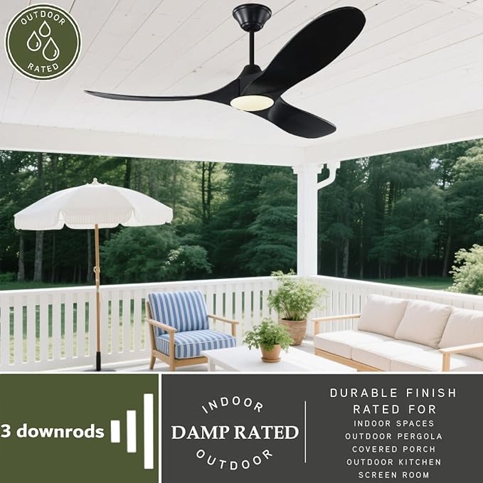 60 Inch Outdoor Ceiling Fans for Patios with Light, Smart Black Ceiling Fan with Remote/App/Alexa Control, 3 Blade Wood Propeller High CFM DC Ceiling Fan Low Profile for Indoor Outside Porch Gazebo