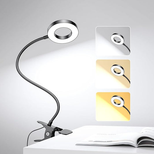 LED Desk Lamp Clip on Light with 3 Color Modes 10 Brightness Ring/Clamp Light 360° Adjustable Neck Dimmable Eye Protection Desk Lamps for Home Office