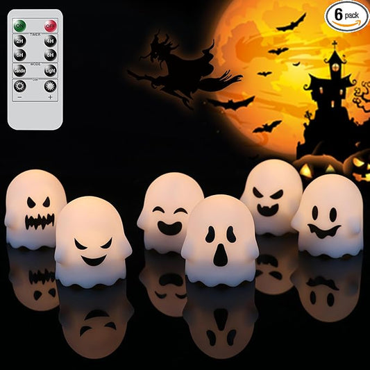 Wondise Halloween Flameless Candles with Remote & Timer, 6 Pack Ghosts Battery Operated LED Flickering Candles for Halloween Decorations Home Decor