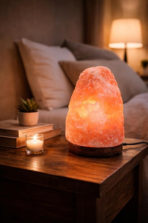Himalayan Pink Salt Lamp 7 inch – Natural Rock 5-7 lb Crystal Night Light with Wooden Base, Warm Glow Bedside Lamp for Bedroom, Living Room, Meditation
