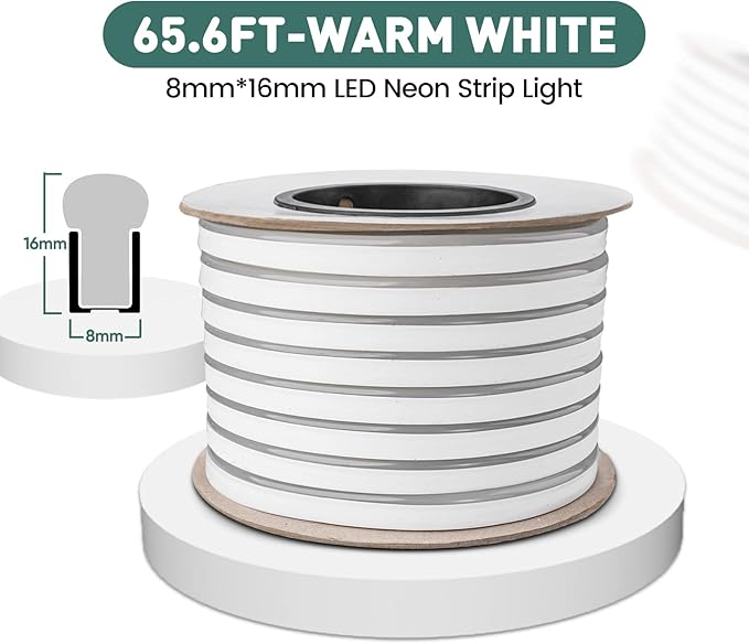 GZBtech Flexible LED Neon Rope Lights 66FT,AC 110-120V Waterproof Strip Light, 120 LEDs/M Cuttable Connectable Neon Lighting for Indoor Outdoor Home Decor/Commercial Use-Warm White 20M, ETL Listed