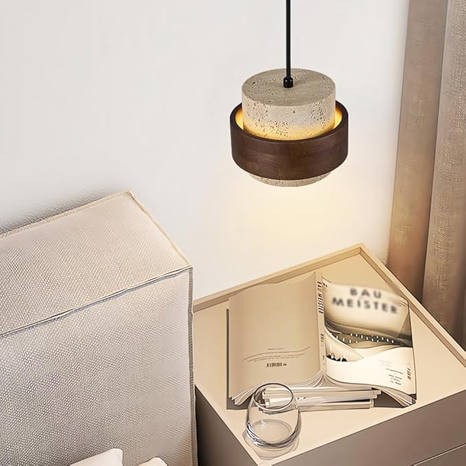 Nordic Natural Travertine Pendant Light Wabi-sabi Stone Chandelier Retro Industry Hanging Ceiling Lamp for Bedroom Bedside Study Dining Table Lighting (Natural)