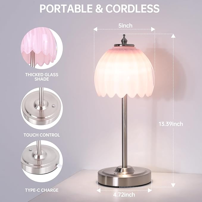 Rechargeable Table Lamp with 5200mAh Battery & Touch Control - 3 Adjustable Color Temperatures, Cordless Dimmable Table Light for Bedroom, Office Desk, Nightstand (Creamy Pink,Silver Base)