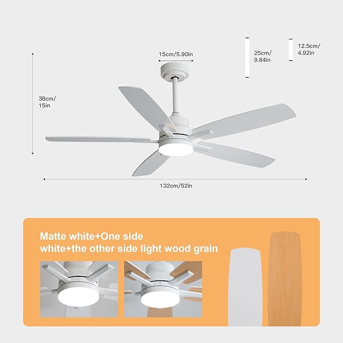 52" Remote Control Ceiling Fan with Light – 6-Speed Quiet DC Motor, Dimmable 3-Color LED, Flush Mount for Bedroom, Living Room, Dining Room,WHITE