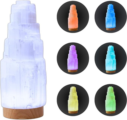 Wish Well Large Selenite Lamp with 7 Color LED Wooden Base - 8" Selenite Tower Healing Crystals for Zen Decor, Spiritual Room Decor, Energy Healing, and Protection