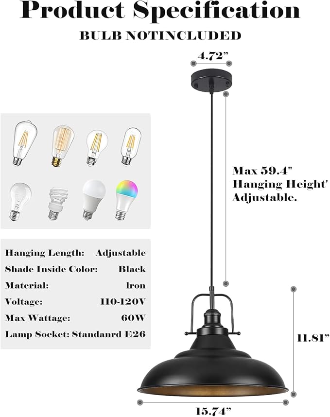 Black Pendant Light Kitchen Island,16 Inch Large Industrial Pendant Lights, Matte Black Pendant Lights, Vintage Farmhouse Pendant Light for Kitchen Island, Dining Room, Hallway (3 Packs)