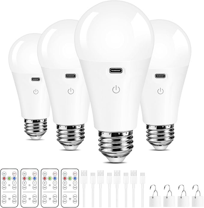 Rechargeable Light Bulbs with Remote Control and USB Charging; Dimmable Battery Operated Light Bulbs with 3 Color Temps and 4 Timer; A19 Wireless Light Bulbs for Sconce, Not-Hardwired 4 Pack
