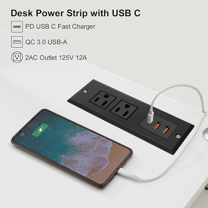 20W Recessed Power Strip USB C Fast Charge Desk Power Outlet Type C Flush Mounted Extension Power Plug for Conference Countertop Desktop Drawer Sofa ETL Listed (Black)