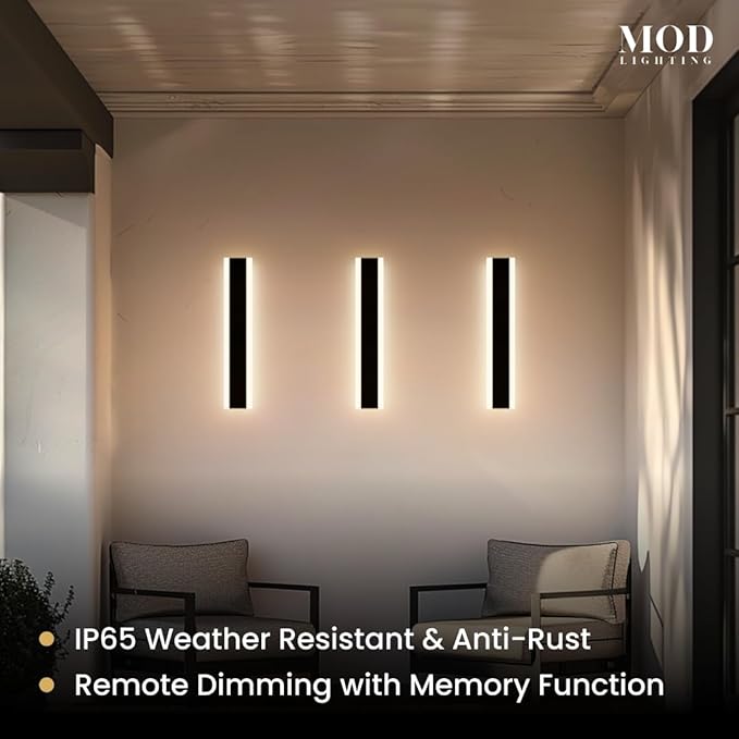 𝗠𝗢𝗗 𝗟𝗜𝗚𝗛𝗧𝗜𝗡𝗚 Haylen | Waterproof Outdoor Wall Light, LED Dimmable with Remote 3000K-6000K, Long Outdoor Porch Lights, Wired Lighting Fixture, Patio Exterior Wall Sconce, 1-Pack (Black, 24")