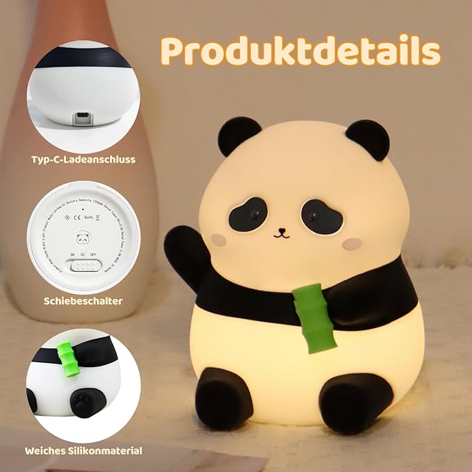 Panda Night Light, 50-Hour Battery & Pat-to-Change Brightness, Squishy Silicone Lamp for Girls Kids Bedroom, USB Rechargeable with Timer, Easter Gifts for Kids