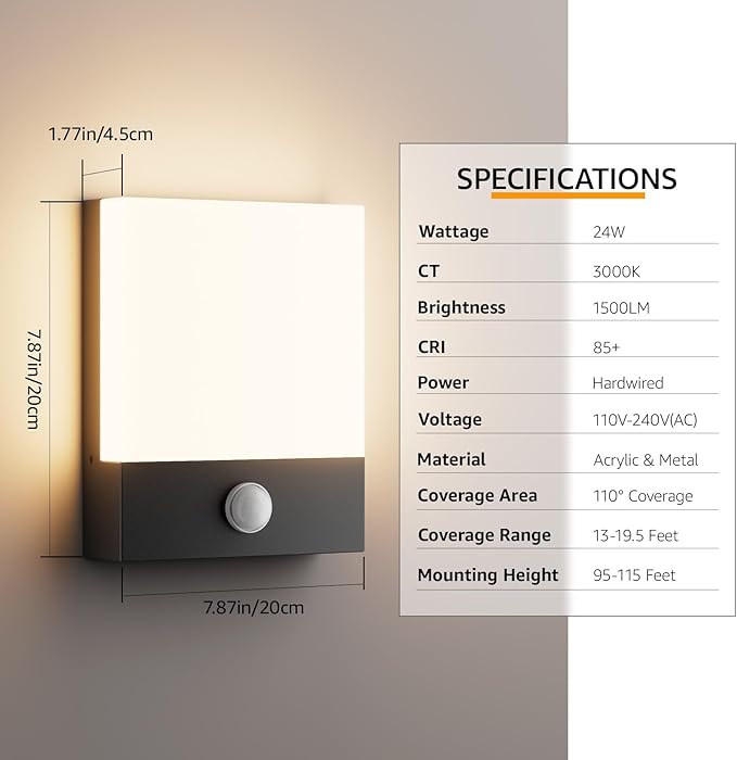 Aoceeley Modern Outdoor Led Wall Light with Motion Sensor,24W 3000K Porch & Patio Light,Exterior Hardwired Wall Light Fixtures,IP65 Waterproof Square Wall Lamp for Garage, Front Door(Black,1-Pack)
