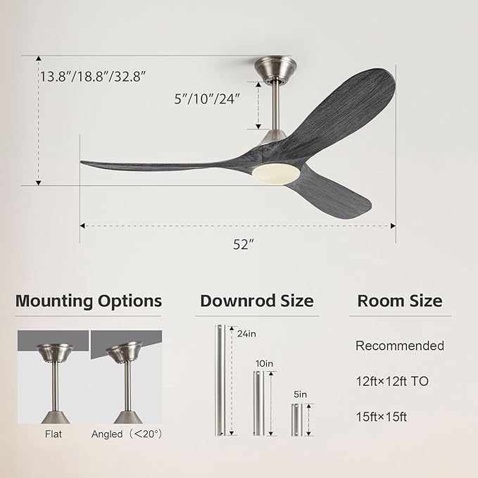 52 Inch Outdoor Ceiling Fan with Lights Remote, 3 Blades Solid Wood Modern Gray Ceiling Fan with Reversible Quiet DC Motor, Damp-rated Indoor Outside Ceiling Fans for Patios Porch Garage Gazebo