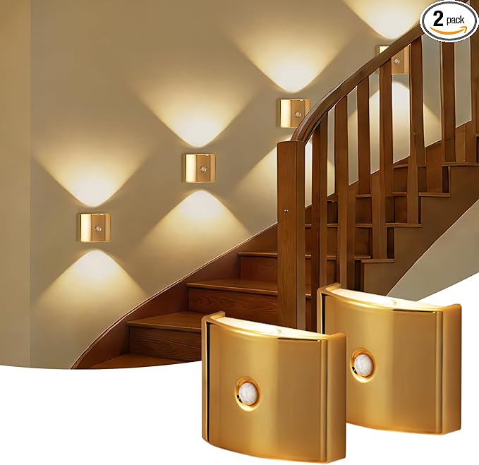 2 Pack Motion Sensor Wall Light, Rechargeable Wall Sconce with 3 Color Temperatures and Brightness Adjustable, Wireless Magnetic Mount for Bedroom, Stair, Hallway, Closet (Gold)