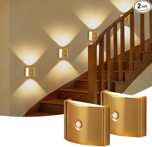 2 Pack Motion Sensor Wall Light, Rechargeable Wall Sconce with 3 Color Temperatures and Brightness Adjustable, Wireless Magnetic Mount for Bedroom, Stair, Hallway, Closet (Gold)
